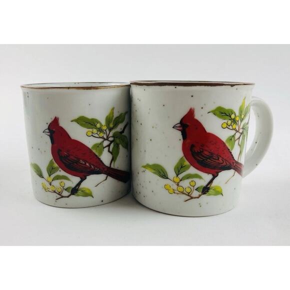 Set 2- Vintage Speckled Stoneware Red Cardinal Bird Ceramic Coffee Mugs Cups Tea - Picture 1 of 13